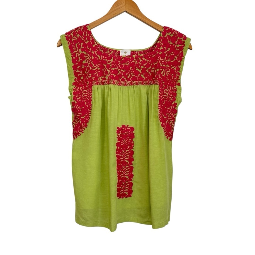 J Marie Womens Floral Embroidered Sleeveless Top XS Green Pink Boho Peasant